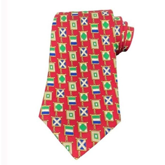 Celine Paris Lux Silk Tie Nautical Medallions Ornate Wide Red Classic Classy EUC - Picture 1 of 9